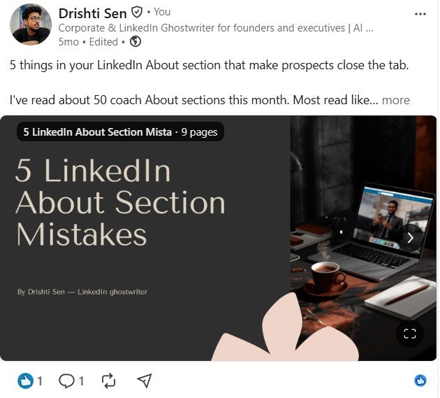 LinkedIn document carousel by Drishti Sen titled 5 LinkedIn About Section Mistakes, 9 pages