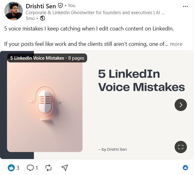 LinkedIn document carousel by Drishti Sen titled 5 LinkedIn Voice Mistakes, 8 pages