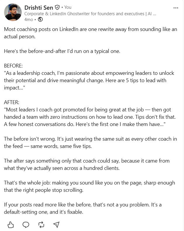 LinkedIn post by Drishti Sen showing a before-and-after rewrite of a coaching post