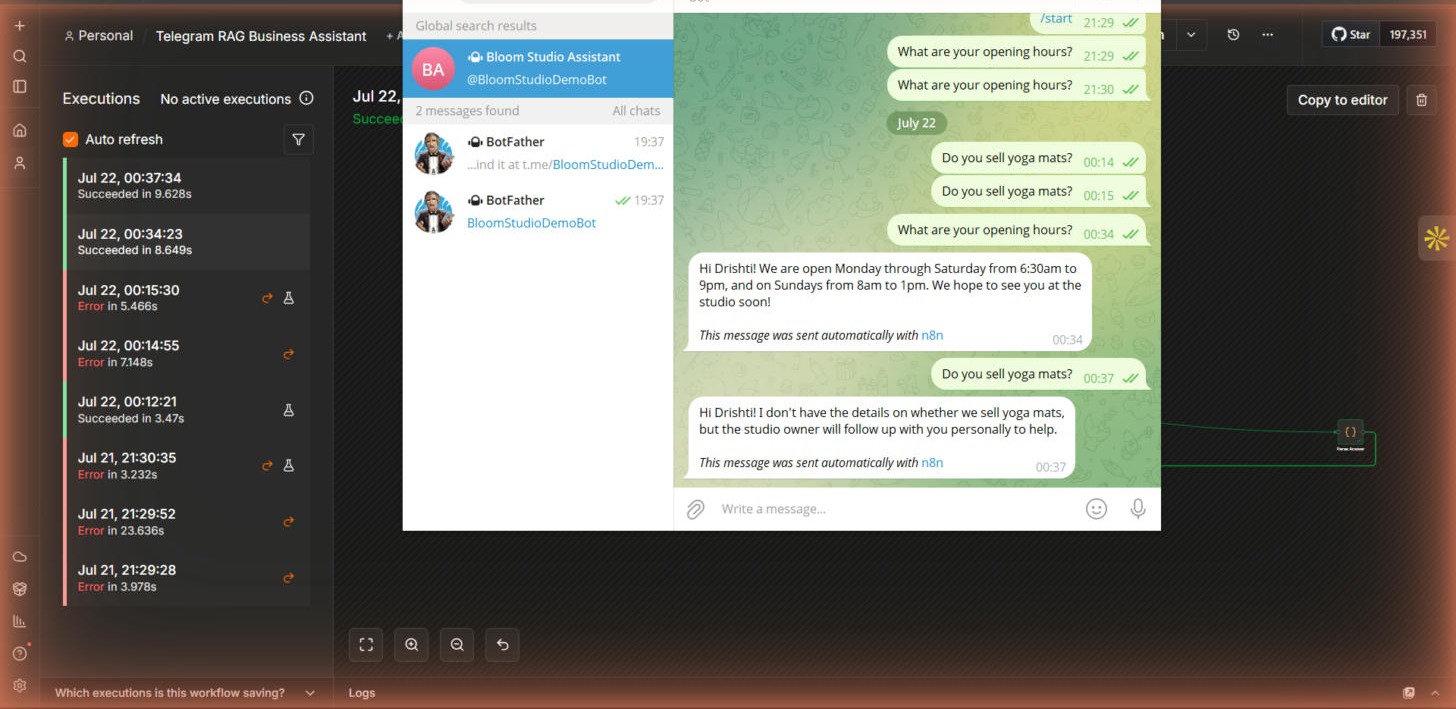 The Telegram version: the real conversation and the n8n production log side by side